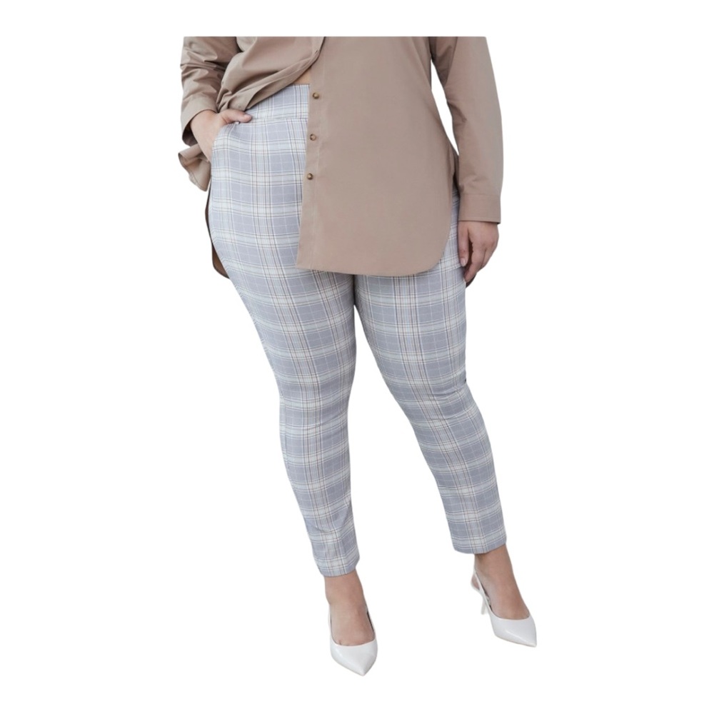 Penningtons Pull On Ponte Pants Women’s Size 32 5X Beige Tan Plaid Stretchy